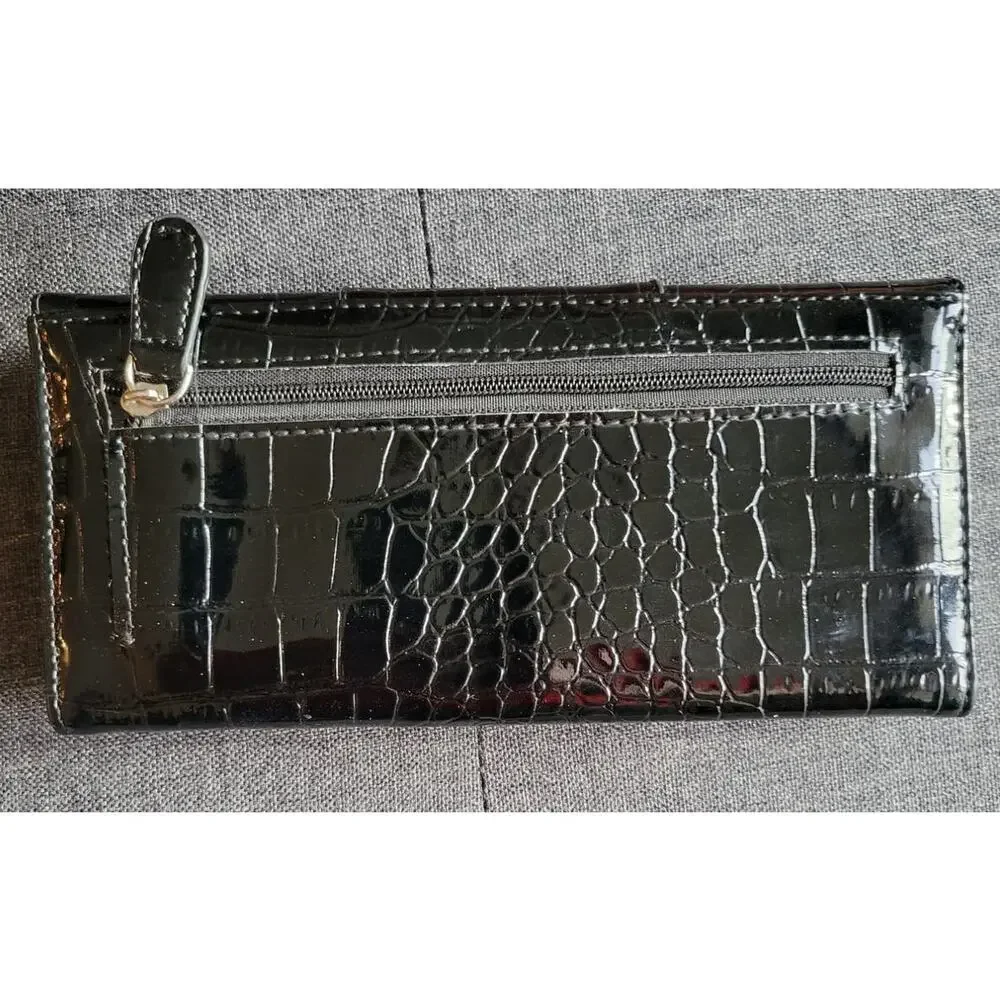 Black Slim Faux Alligator Print Patent Leather Look Evening Bag Clutch 7.5 x 4